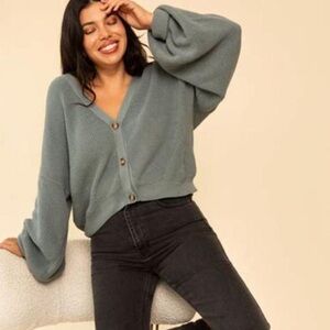 Whimsy + Row Sage Green Button-Front Cropped Cardigan